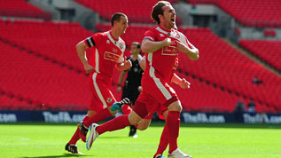 Bainbridge celebrates his 17th goal of the 2015 FA Vase