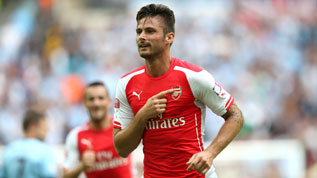 Olivier Giroud celebrates his goal against Manchester City