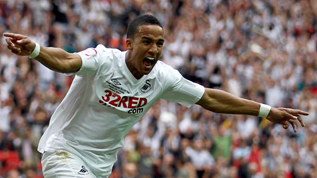 Scott Sinclair celebrates his hat trick for Swansea in the 2011 Championship Play-Off Final