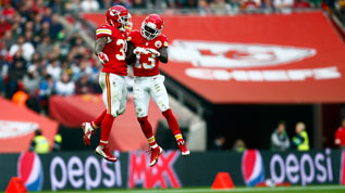 Thomas celebrates a touchdown at Wembley