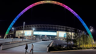 The Wembley arch lit as a rainbow
