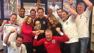 Kimberley Walsh with Carlton Palmer, Glenn Hoddle, David Seaman, Dion Dublin, Martin Keown, Gary Mabbutt, Gary Pallister, Kenny Sansom, Katy B, Michael Owen and Sir Geoff Hurst
