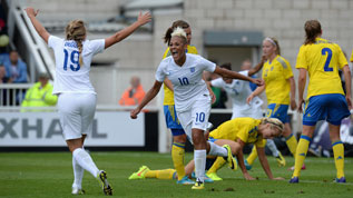 England Women celebrate a goal against Sweden