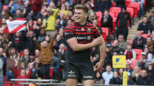 Owen Farrell celebrates his try against Harlequins